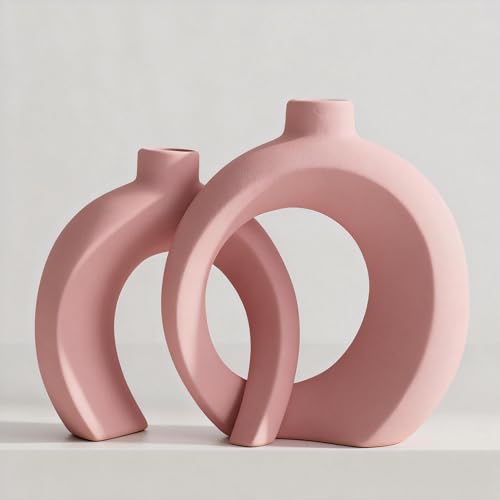 Set of 2 Pink Ceramic Vases for Home Decor Accents - Unique Hollow Donut Artistic Design Coquette Feminine Style Decorative Vases for Shelf, Mantel, Entryway Table Decor (Matte Pink) - color: Matte Pink