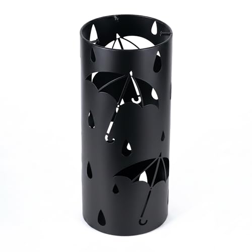 BEWBBAT Metal Umbrella Stand Rack for Entryway, Black Round Free Standing Umbrella Holder Organizer Bin with 3 Hooks for Walk Stick, Home Office Indoor, 17 x 7 Inch