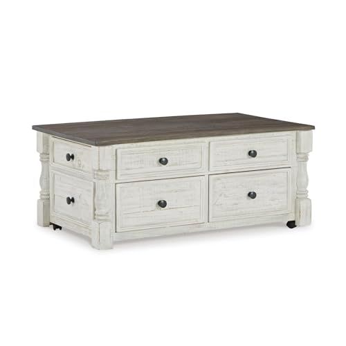 Signature Design by Ashley Havalance Lift-Top Coffee Table with Storage | Pine wood, Pine veneer and engineered wood, Two-tone distressed finish, 4 storage drawers, Casters, White and gray