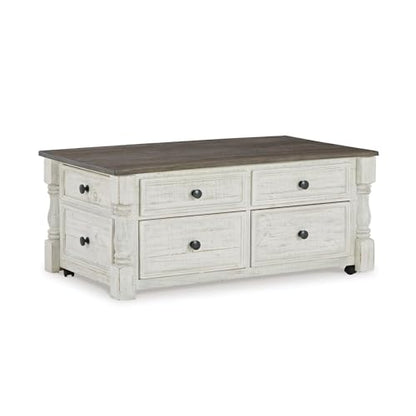 Signature Design by Ashley Havalance Lift-Top Coffee Table with Storage | Pine wood, Pine veneer and engineered wood, Two-tone distressed finish, 4 storage drawers, Casters, White and gray