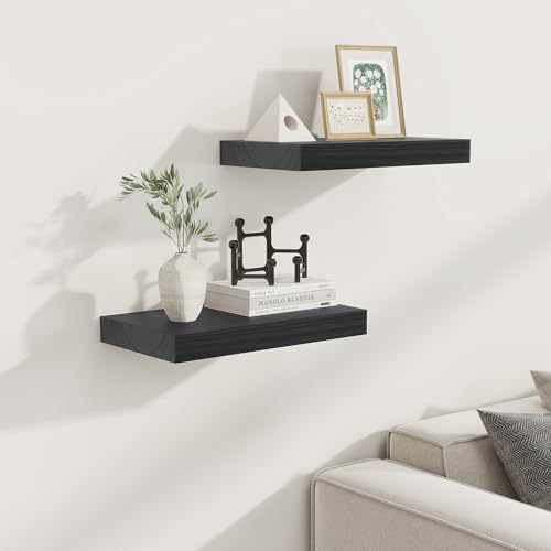 Fun Memories 9 Inch Deep Black Floating Shelves, Farmhouse Rustic Natural Wood Floating Shelf Wall Mounted, 16 x 9 Wall Shelves Set of 2, Deep Black Bathroom Shelves - color: Black, size: 16"W x 9.3"D