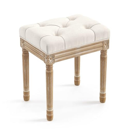 LUE BONA Upholstered Fabric Vanity Bench Seat, Makeup Stools for Vanity, Square Tufted Ottoman Bench with Carved Wood Color Legs for Bedroom Living Room, Beige - color: Beige and Wood