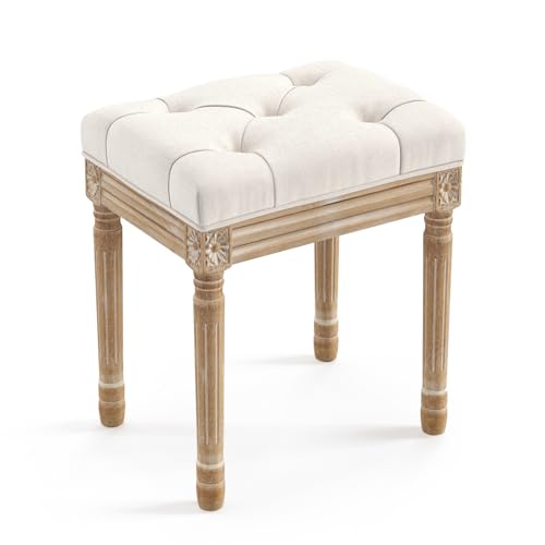 LUE BONA Upholstered Fabric Vanity Bench Seat, Makeup Stools for Vanity, Square Tufted Ottoman Bench with Carved Wood Color Legs for Bedroom Living Room, Beige - color: Beige and Wood
