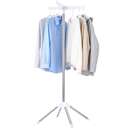 Beaudaily Clothes Drying Rack, Foldable Laundry Drying Rack, Indoor 59-Inch Drying Rack Clothing with 3 Rotatable Arms, Stainless Steel, Holds 27 Pieces, Space Saving, Portable, White and Silver - color: White + Silver, size: 1-Tier