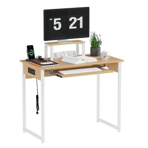 ALISENED Computer Desk with Keyboard Tray and Monitor Stand, 37.5 Inch Small Desk with Power Outlets & USB Ports for Bedroom Home Office, Compact Gaming Desk Shelf, Oak (Oak, 37.5") - color: Oak, size: 37.5"