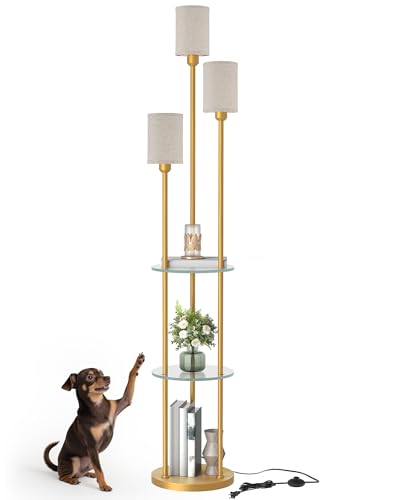 Floor Lamp with Shelves, Modern Floor Lamp with 3 Linen Shades and Foot Switch, 3-Light Standing Lamp, for Living Room, Bedroom, Study, Office, Gold and Beige ED53LD05 - color: Gold + Beige