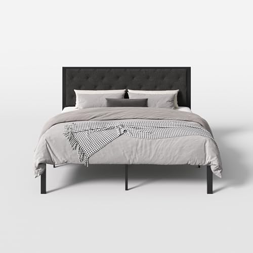 SHA CERLIN King Size Metal Bed Frame with Linen Tufted Headboard, Dark Gray | Modern Design Heavy-Duty Platform Bed, No Box Spring Need, Linen Fabric Upholstery, Noise Free, Easy Assembly - color: Dark Grey, size: King