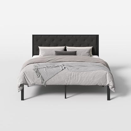 SHA CERLIN King Size Metal Bed Frame with Linen Tufted Headboard, Dark Gray | Modern Design Heavy-Duty Platform Bed, No Box Spring Need, Linen Fabric Upholstery, Noise Free, Easy Assembly - color: Dark Grey, size: King