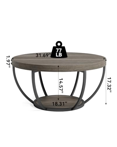 LITTLE TREE Round Coffee Table, 32" Circle Coffee Tables for Living Room | 2-Tier Wood Accent Center Table with Open Storage Industrial Design Home Furniture (Grey and Black) - color: Grey and Black