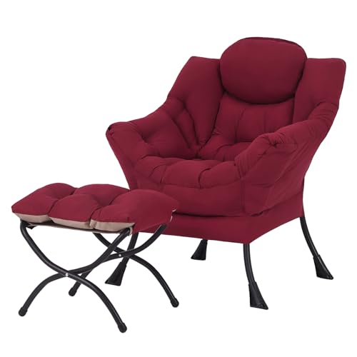 Welnow Lazy Chair with Ottoman, Reading Chair with Footrest,Burgundy | A Side Pocket,Armrests,Foldable Footrest,Thick Cushioned Seat & Backrest, Lounge Chair for Bedroom,Living Room & Small Space - color: Burgundy