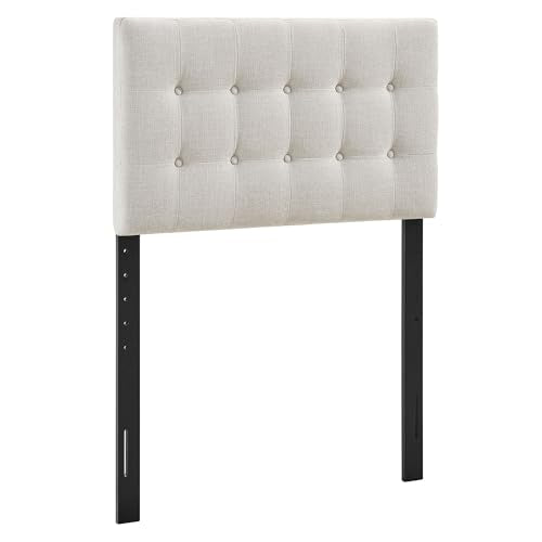 Modway Emily Twin Size Fabric Headboard in Linen - Linen-Like Upholstery with Button Tufting and 7 Adjustable Height Positions - color: Linen, size: Twin