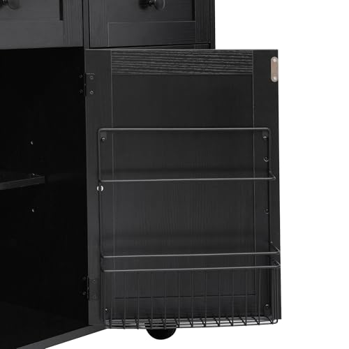 46.5'' Farmhouse Kitchen Island with Charging Station, Drop Leaf & Bead Drape - Mobile Rolling Cart, Ample Storage, Rustic Wood Grain Countertop for Compact Spaces (Black+Brown) - color: Black+brown)
