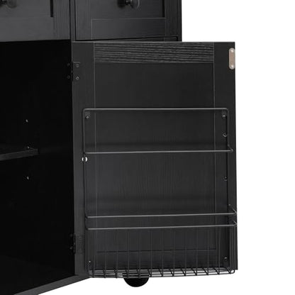46.5'' Farmhouse Kitchen Island with Charging Station, Drop Leaf & Bead Drape - Mobile Rolling Cart, Ample Storage, Rustic Wood Grain Countertop for Compact Spaces (Black+Brown) - color: Black+brown)