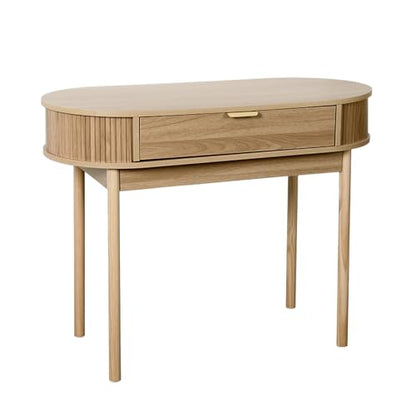 Fluted Small Computer Desk with Drawer, 40 Inch Mid-Century Modern Writing Desk with Solid Wood Legs,Compact Study Table for Small Spaces, Home Office, Bedroom,Walnut - color: Walnut