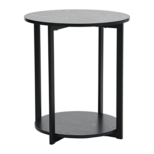 Household Essentials Jamestown Round Side End Table with Storage Shelf, Black Oak Wood Grain and Black Metal Frame - color: Black Oak