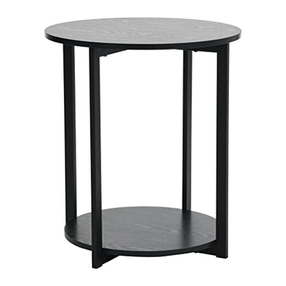 Household Essentials Jamestown Round Side End Table with Storage Shelf, Black Oak Wood Grain and Black Metal Frame - color: Black Oak