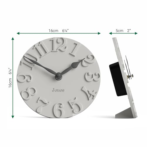 JONES CLOCKS® Hampstead Desk Clock | Freestanding | Pale Gray | Elegant Raised Moulded Numerals | Ideal for Shelf, Mantel, Living Room, Home Office or Bedside - color: Cloud Grey