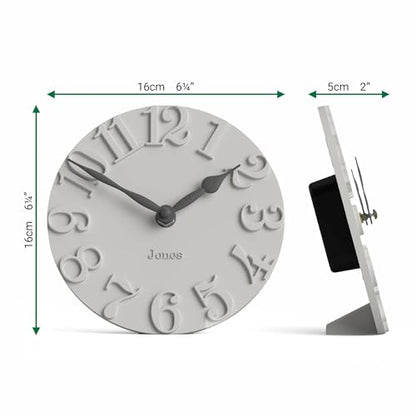JONES CLOCKS® Hampstead Desk Clock | Freestanding | Pale Gray | Elegant Raised Moulded Numerals | Ideal for Shelf, Mantel, Living Room, Home Office or Bedside - color: Cloud Grey
