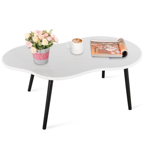 Small Coffee Table Cloud Shaped Irregular Center Table for Living Room Unique White Wood Grain Top Floor Table for Small Space Apartment - color: White