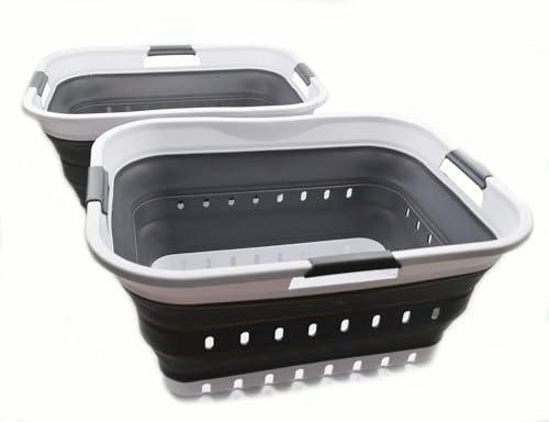 SAMMART 42L (11 gallon) Collapsible Plastic Laundry Basket - Foldable Pop Up Storage Container/Organizer - Portable Basket - Space Saving Hamper/Basket (2, White/Dark Grey) - color: White/Dark Grey