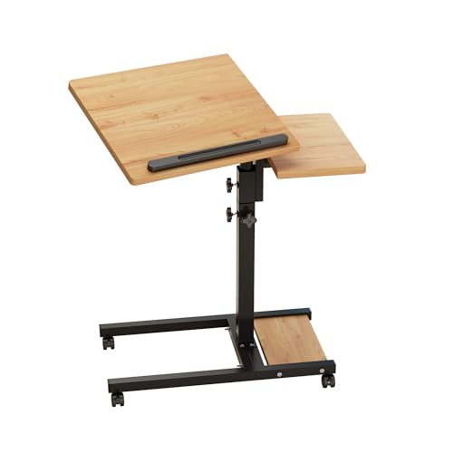 TigerDad Mobile Adjustable Height Laptop Stand PC Computer Portable Notebook Swivel Laptop Desk Rolling Table Desk Cart Tiltable with Wheels Casters& Mouse Pad Table (Wood) - color: Wood-grain