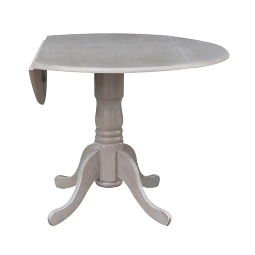 IC International Concepts, 42" Round Dual Drop Leaf Pedestal Dining Table, Solid Real Wood, Sturdy Parawood, Dimensions 42"D x 42"W x 29.5"H, 20mm thickness, 40lbs Weight Capacity, Washed Gray Taupe - color: Washed Gray Taupe
