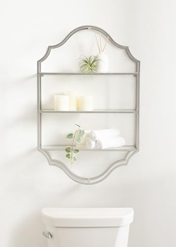 Kate and Laurel Leanna Three-Tiered Wall Shelf; 20 x 32; Silver; Decorative Floating Shelf Storage and Wall Organizer for Bathroom Over Toilet Storage or Display