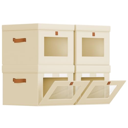 Storage Bins with Lid – Closet Organizer with Side Opening and Clear Window, Foldable Stackable Fabric Basket for Clothes, Home, Office - 13.77" x 11.8" x 9.8", 4 Pack, Beige - color: Beige, size: 13.7 Inch-4 Pack