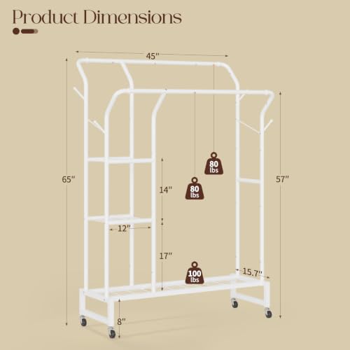 Yoobure Double Rods Clothes Rack - Portable Clothing Rack with Wheels, Rolling Garment Rack with 3-Tier Shelves & 4 Hooks, Freestanding Clothing Racks for Hanging clothes, Coat Rack for Closet Bedroom - color: White