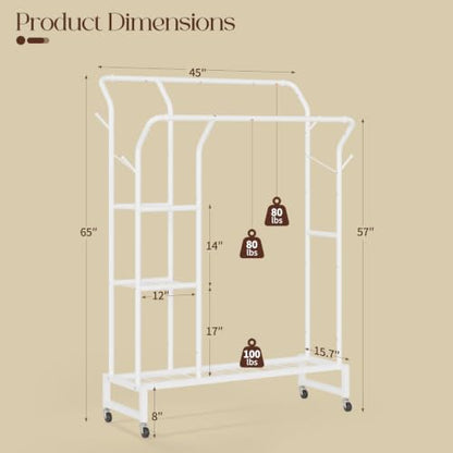 Yoobure Double Rods Clothes Rack - Portable Clothing Rack with Wheels, Rolling Garment Rack with 3-Tier Shelves & 4 Hooks, Freestanding Clothing Racks for Hanging clothes, Coat Rack for Closet Bedroom - color: White