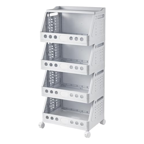 UFORU 4 Tier Rolling Storage Cart,Plastic Open Storage Basket with Wheels | Rolling Storage Shelf for Kitchen,Bathroom,Bedroom and Living Room,Versatile Home Organization for Books,Toys