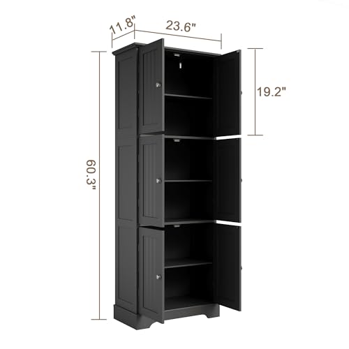 ChooChoo 160.5cm(63인치) 높이 욕실 보관 캐비닛, 6개의 문 포함 | 독립형 바닥 캐비닛, 조절 가능한 선반, 욕실, 주방, 세탁실용 식료품 저장실 캐비닛, 화이트 - color: 블랙., size: 6-Door