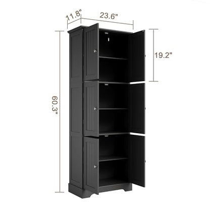 ChooChoo 160.5cm(63인치) 높이 욕실 보관 캐비닛, 6개의 문 포함 | 독립형 바닥 캐비닛, 조절 가능한 선반, 욕실, 주방, 세탁실용 식료품 저장실 캐비닛, 화이트 - color: 블랙., size: 6-Door