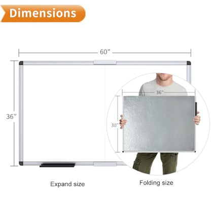 VIZ-PRO Magnetic Dry Erase Board, 60 X 36 Inches, Foldable Wall-Mounted Whiteboard with Silver Aluminum Frame & Marker Tray for School Office and Home 5' X 3' - size: 60 X 36 Inches