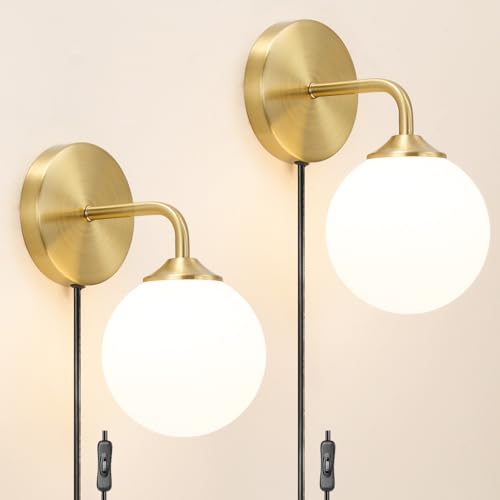 Gold Plug in Wall Sconce Set of 2, Wall Light Fixture with Plug in Cord On/Off Switch, Mid Century Art Deco Wall Lighting Fixture with Milky White Globe Glass Lampshade for Bedroom Living Room Hallway - color: Gold+White