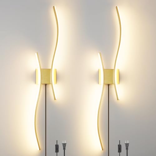 Daunton Modern Gold Plug in Wall Sconces Set of 2 - Smart Dimmable LED Wall Lights with Remote, 3CCT Adjustable & Memory Function, Timer Setting - No Wiring Needed for Living Room, Bedroom, Hallway - color: Gold, size: 40.5in B plug in
