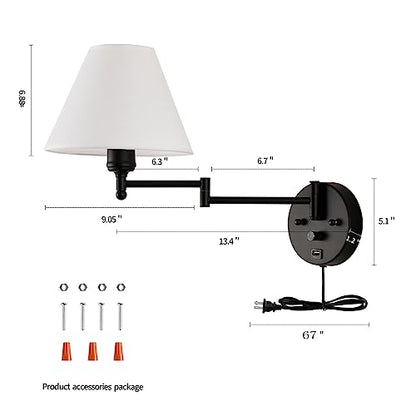 Swing Arm Wall Sconces, Plug-in Wall lamp,Bedroom Wall lamp ， White Fabric Shade，，with dimmable Switch and USB Charging Port, Suitable for Bedside, Living Room, Reading (Black) - color: Black