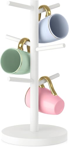 Bamboo Coffee Mug Tree with 6 Hooks, White Coffee Cup Holder for Countertop | Decorative Bamboo Mug Holder with 6 Hooks, Non-Slip Wooden Base, Easy-Access Mug Rack for Kitchen Coffee Bars Kitchen - color: White (6 Hooks)