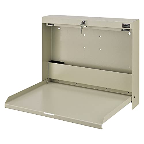 Global Industrial Wall Mounted Fold Down Shop Desk with keyed Lock, 50 Lbs | Capacity, Steel Construction, 20"W x 3-3/8"D x 16-3/8"H, Tan Powder Coat Finish
