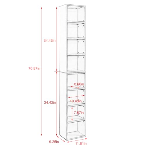 Tall Narrow Bookshelf,8-Tiers Bookcase with Adjustable Shelves,Double-Decker Combination Thin Media Tower Rack,CD DVD Slim Storage Cabinet for Living Room,Bedroom,Studio and Office (Gray, 71"H) - color: Grey