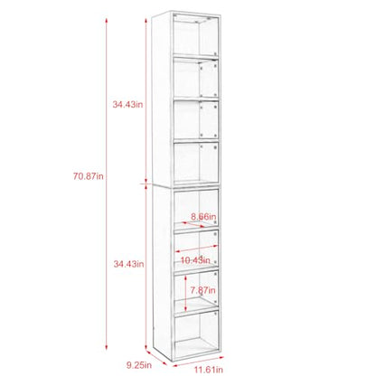 Tall Narrow Bookshelf,8-Tiers Bookcase with Adjustable Shelves,Double-Decker Combination Thin Media Tower Rack,CD DVD Slim Storage Cabinet for Living Room,Bedroom,Studio and Office (Gray, 71"H) - color: Grey
