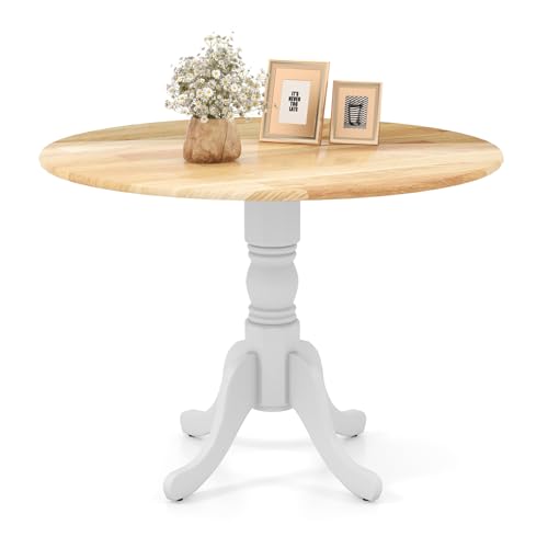 COSTWAY Round Dining Table for 4, 39-inch Wooden Kitchen Table With Solid Rubber Wood Frame, Curved Trestle Legs, Adjustable Foot Pads, Mid Century Rustic Dinning Table for Living Room (Natural+White) | Curved Trestle Legs, Adjustable Foot Pads, Mid Centu