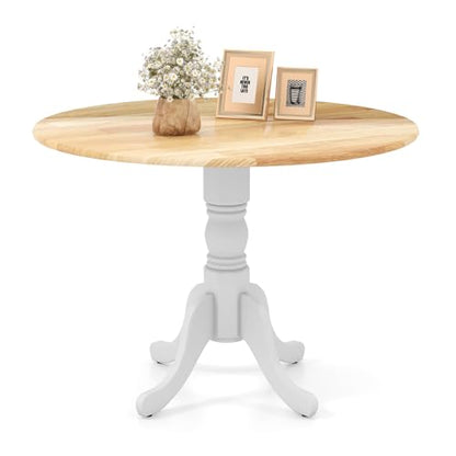 COSTWAY Round Dining Table for 4, 39-inch Wooden Kitchen Table With Solid Rubber Wood Frame, Curved Trestle Legs, Adjustable Foot Pads, Mid Century Rustic Dinning Table for Living Room (Natural+White) | Curved Trestle Legs, Adjustable Foot Pads, Mid Centu
