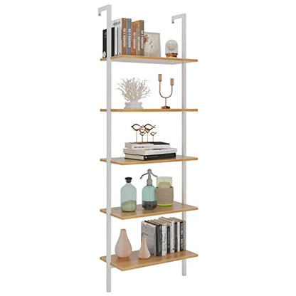 SogesHome 5-Tier Industrial Wall-Mounted Ladder Shelf - Modern Bookshelf with Metal Frame for Organizing Plants, Flowers, and Books in Kitchen, Living Room, Bedroom, or Office