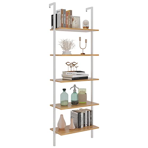 SogesHome 5-Tier Industrial Wall-Mounted Ladder Shelf - Modern Bookshelf with Metal Frame for Organizing Plants, Flowers, and Books in Kitchen, Living Room, Bedroom, or Office