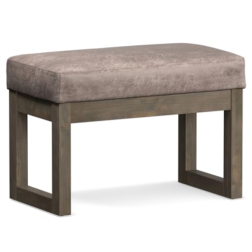 SIMPLIHOME Milltown 27" Wide Tweed Rectangle Ottoman in Ebony | Distressed grey taupe, contemporary ottoman with a cushioned seat for bedroom seating; footstool, footrest or bench. - color: Distressed Grey Taupe, style: Small Ottoman Bench