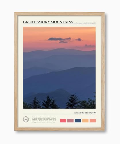 HesenDot 12x16IN Natural Oak Wood Framed Wall Art Smoky Mountains 1Pack | Great Smoky Mountains Landscape Canvas Print with Natural Oak Wood Frame, Ready to Hang for Bathroom, Bedroom, Office - color: Framed Great Smoky Mountains