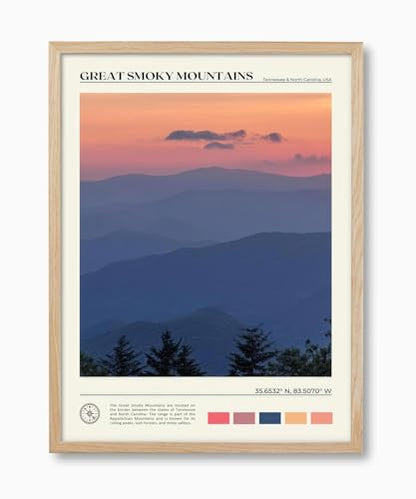 HesenDot 12x16IN Natural Oak Wood Framed Wall Art Smoky Mountains 1Pack | Great Smoky Mountains Landscape Canvas Print with Natural Oak Wood Frame, Ready to Hang for Bathroom, Bedroom, Office - color: Framed Great Smoky Mountains