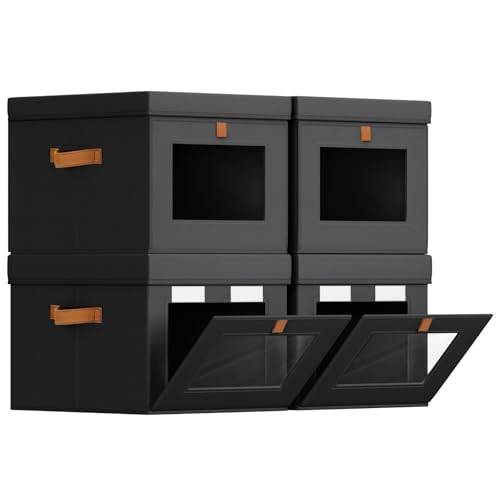 Storage Bins with Lid – Closet Organizer with Side Opening and Clear Window, Foldable Stackable Fabric Basket for Clothes, Home, Office - 13.77" x 11.8" x 9.8", 4 Pack, Black - color: Black, size: 13.7 Inch-4 Pack