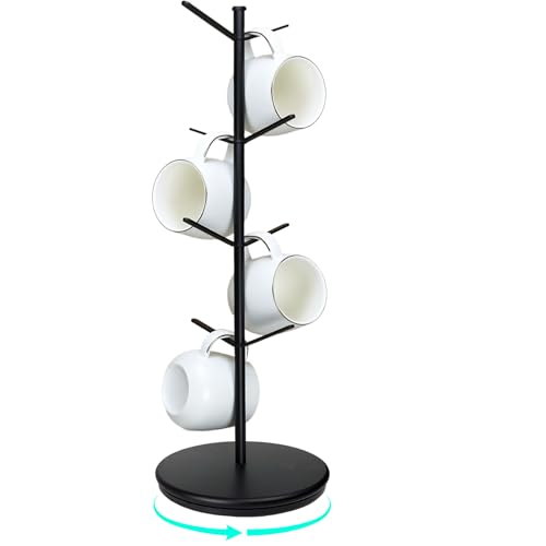 360° Rotating Mug Tree, Large 8 Hooks Upgraded Stable Metal Mug Holder, Bamboo Base Coffee Mug Cup Rack for Counter Top, Mug Display, Home Storage and Cup Organizer, Black - size: 8 hooks 360°